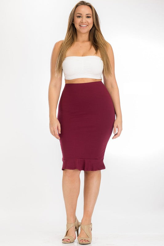 Pencil skirt ruffle hem Burgundy