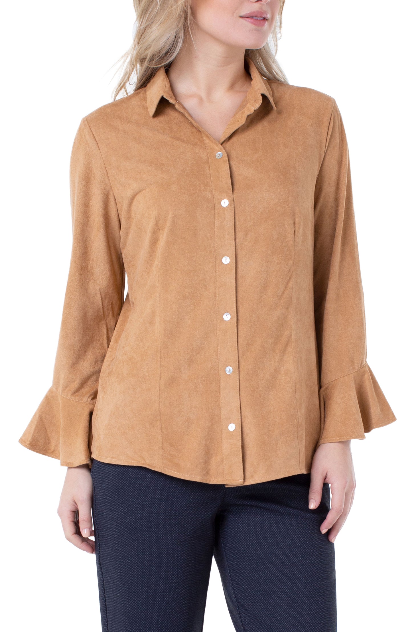 Liverpool Front Button Flounce Bell Sleeve Shirt
