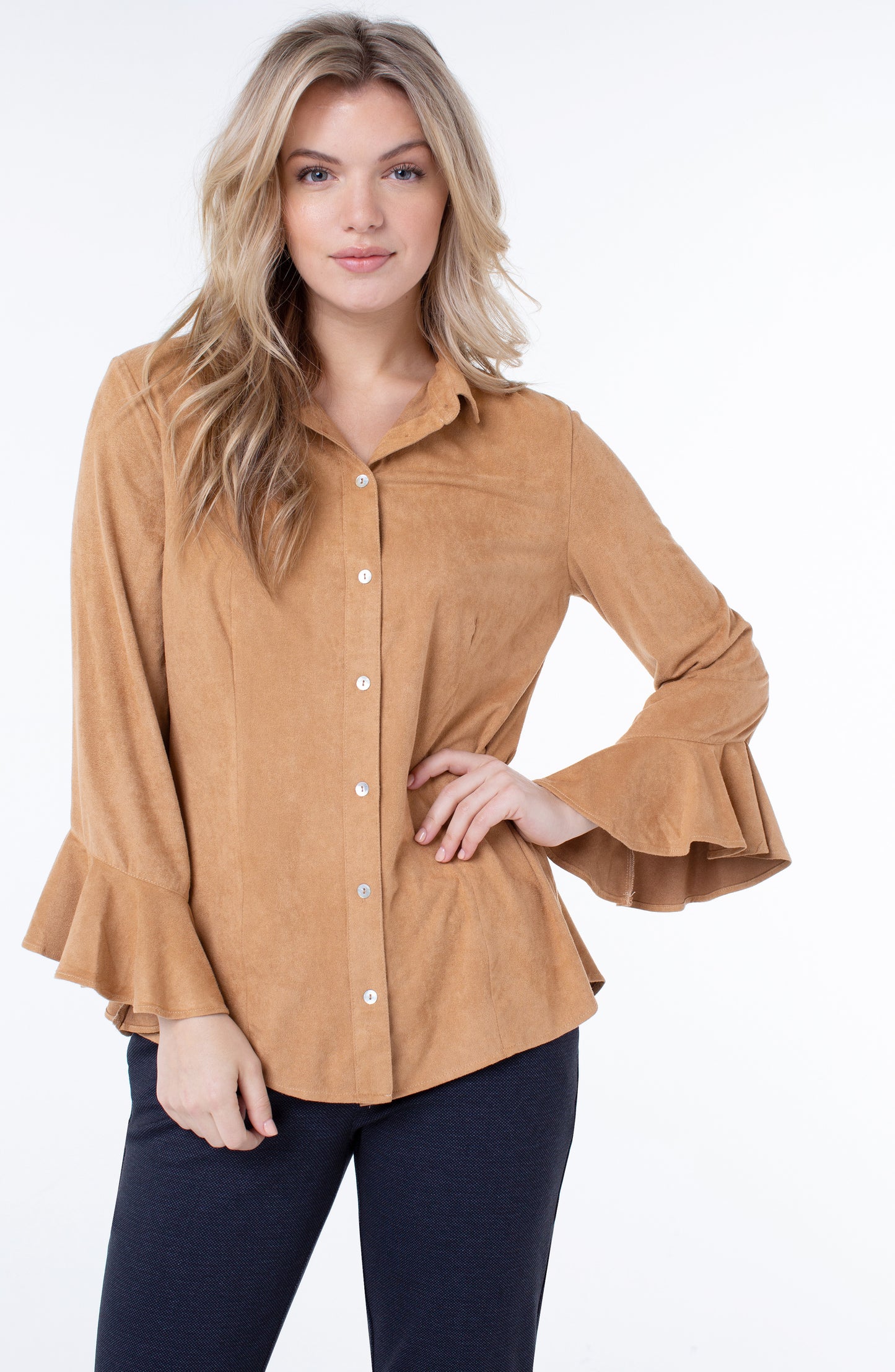 Liverpool Front Button Flounce Bell Sleeve Shirt