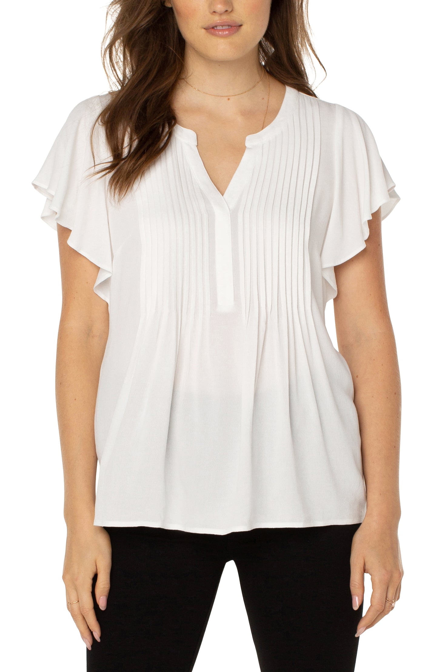 Liverpool Flutter Sleeve Popover Blouse with Pin Tuck (solid)