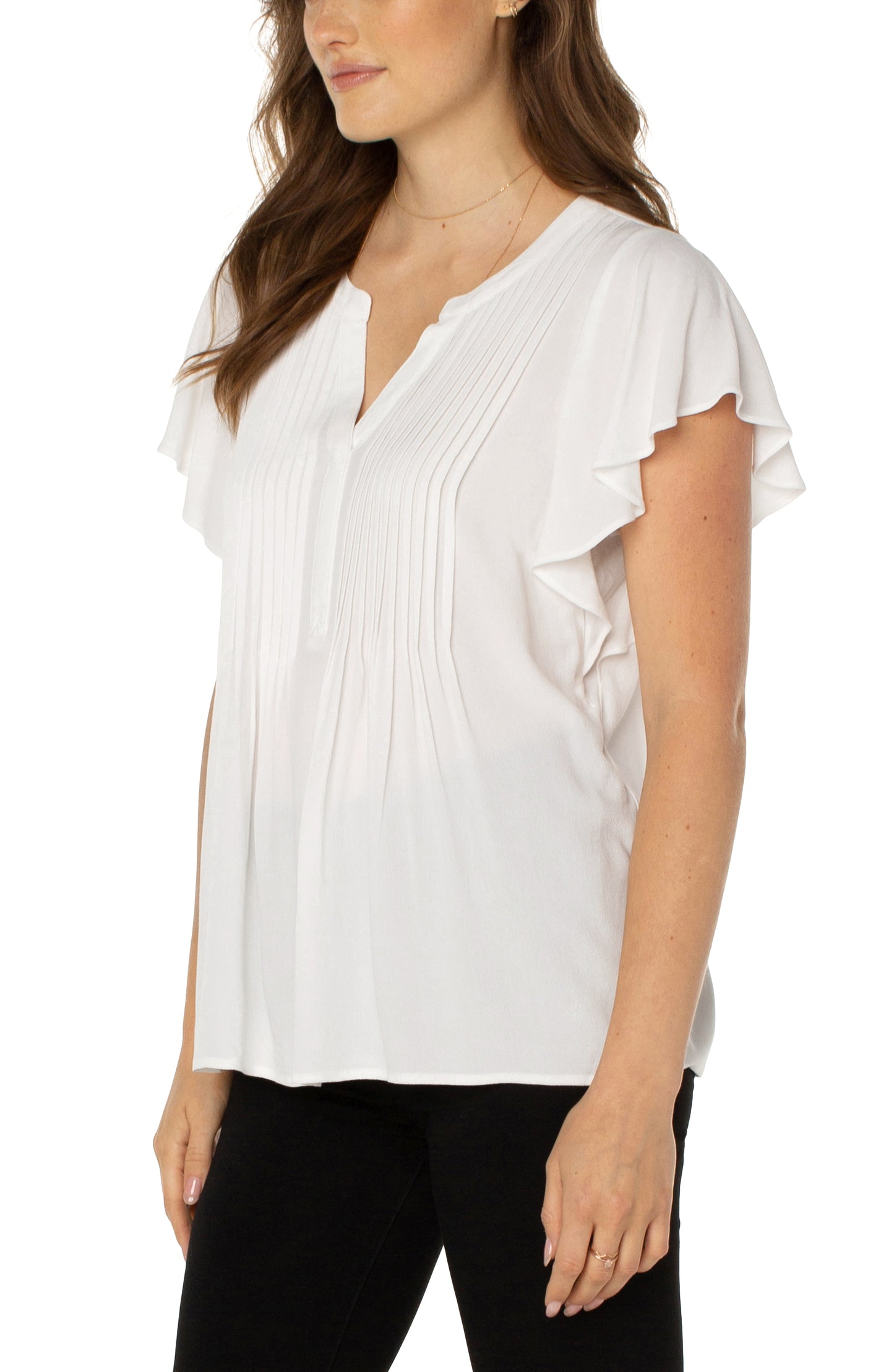 Liverpool Flutter Sleeve Popover Blouse with Pin Tuck (solid)