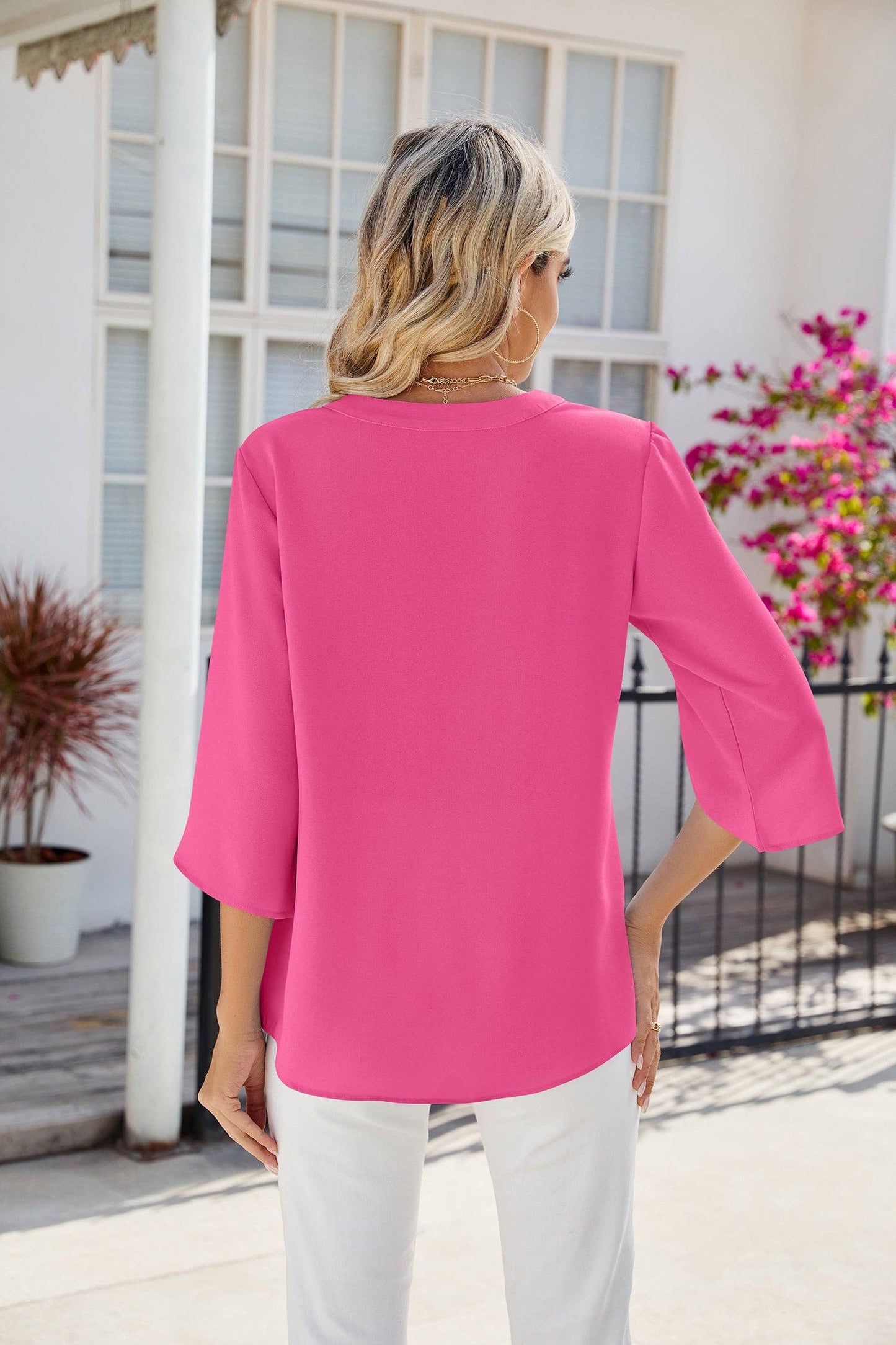 V-neck 3/4 Bell Sleeve Chiffon Top