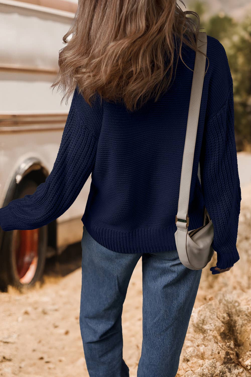 Mix Texture Knit Front Seam Detail Drop Shoulder Sweater