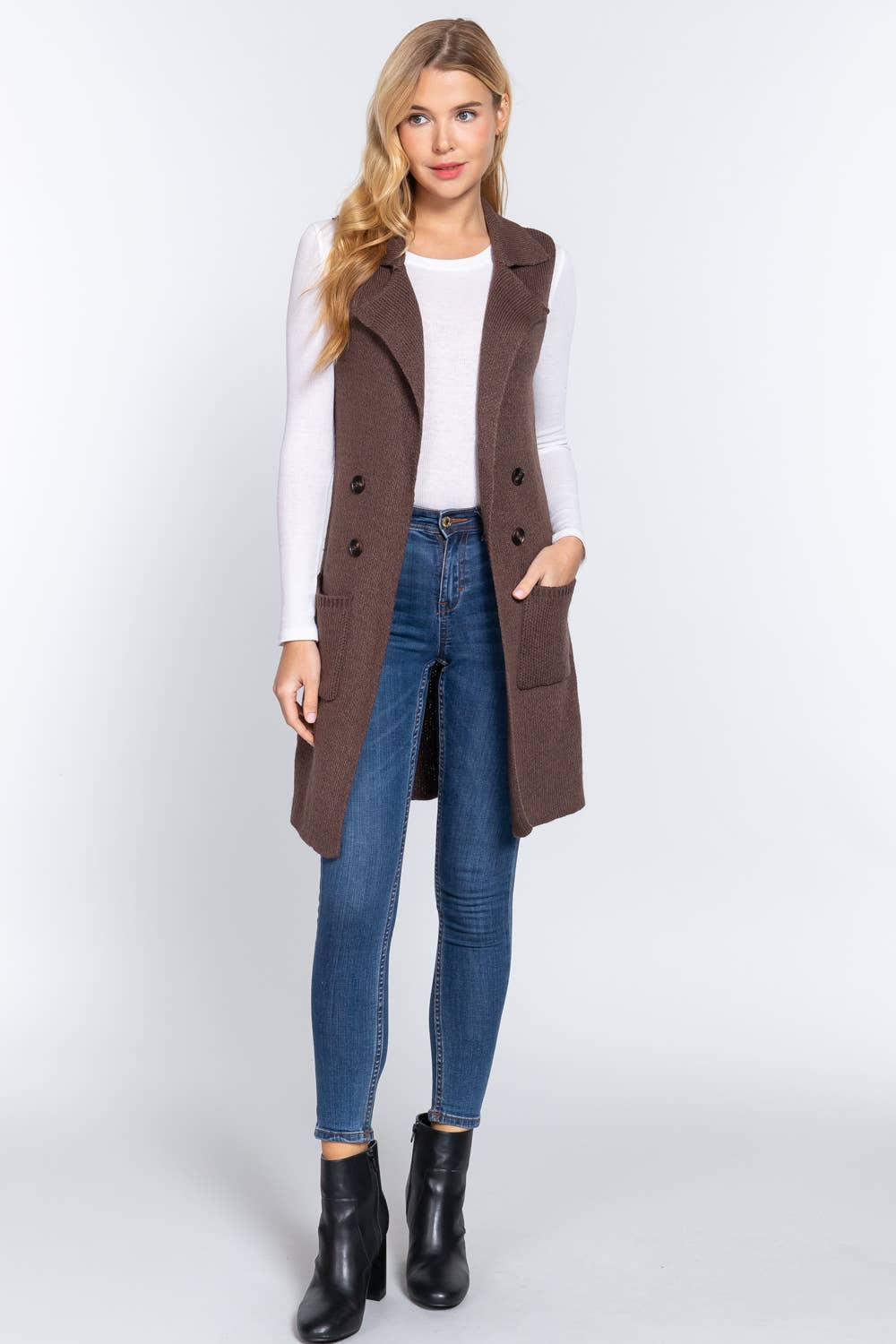Sleeveless Notched Collar Long Sweater Vest