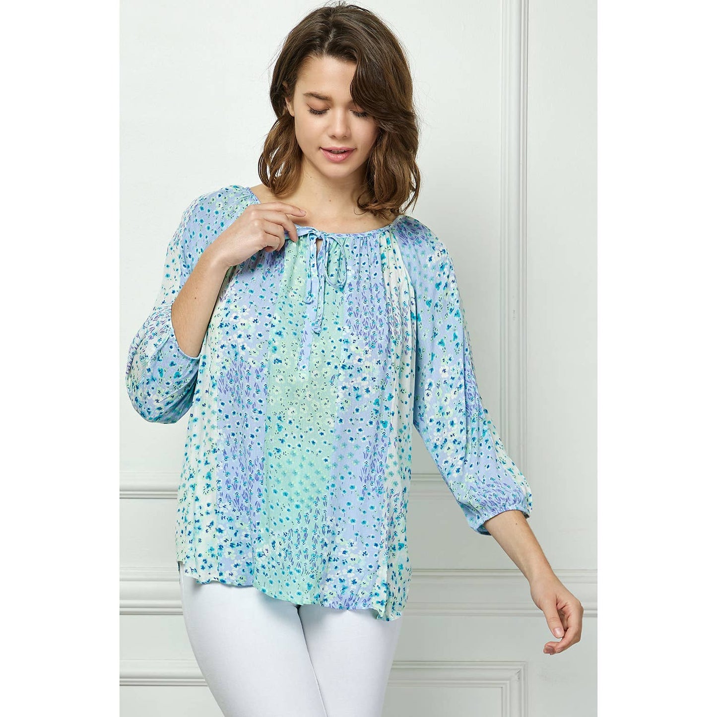 Blue Floral Round Neck Blouse