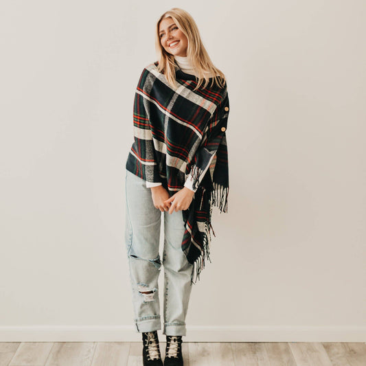 Button Plaid Shawl & Scarf Combo (Navy and Gray)