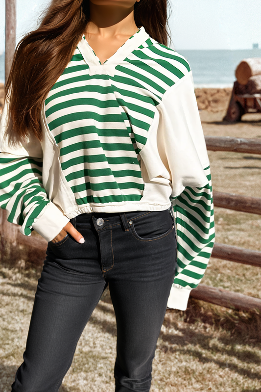 Stripe Color Block Collared V-Neck Top