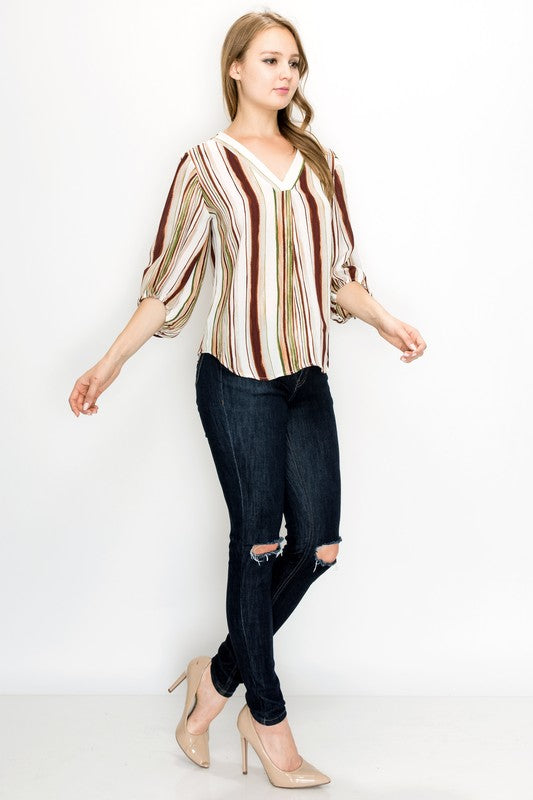 V-neck Colored Stripe Blouse with Puff Sleeves
