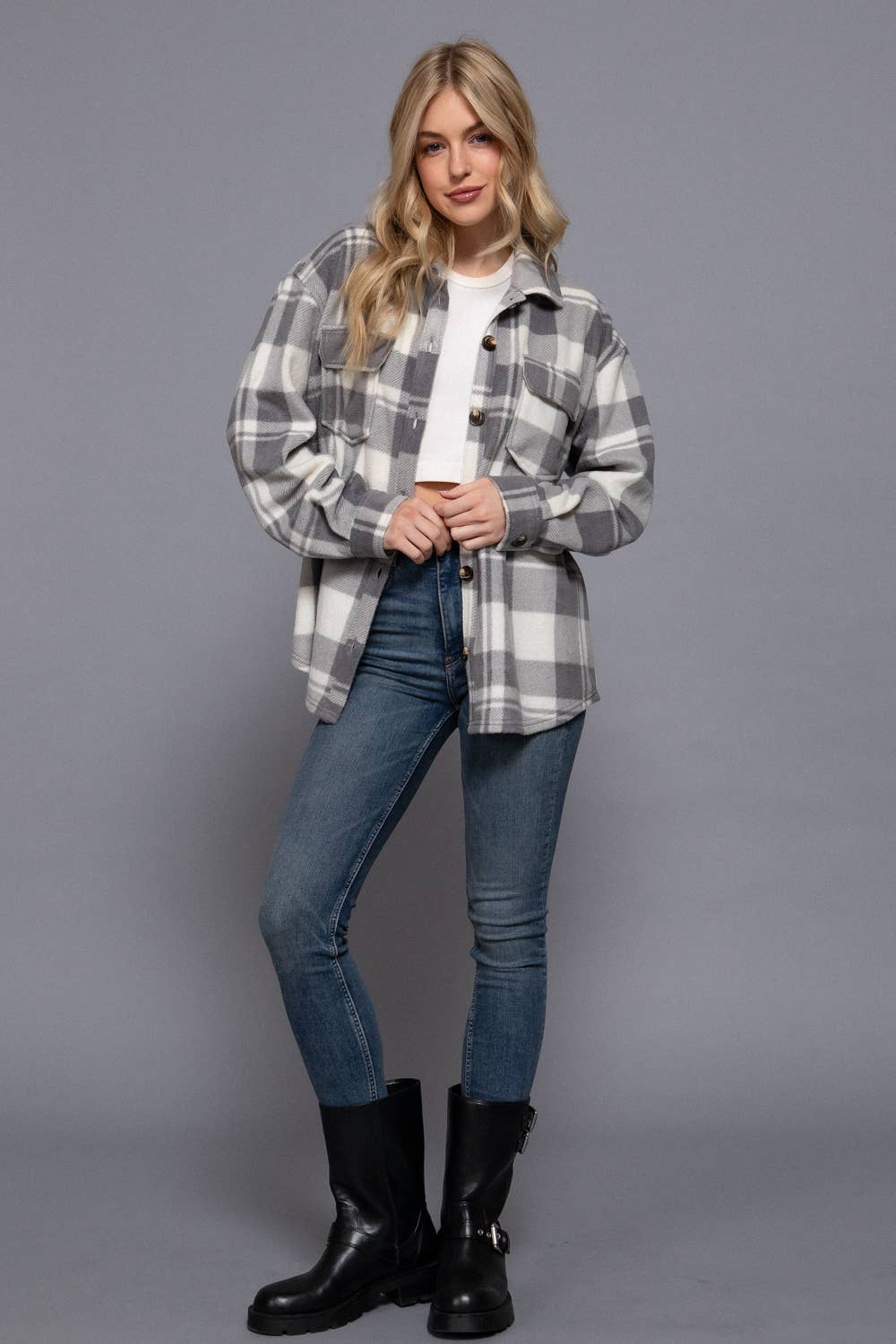 Long Sleeve Check Printed Fleece Shacket (light grey)