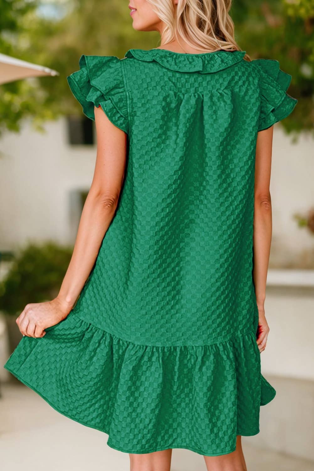 Textured Ruffled V Neck String Shift Dress