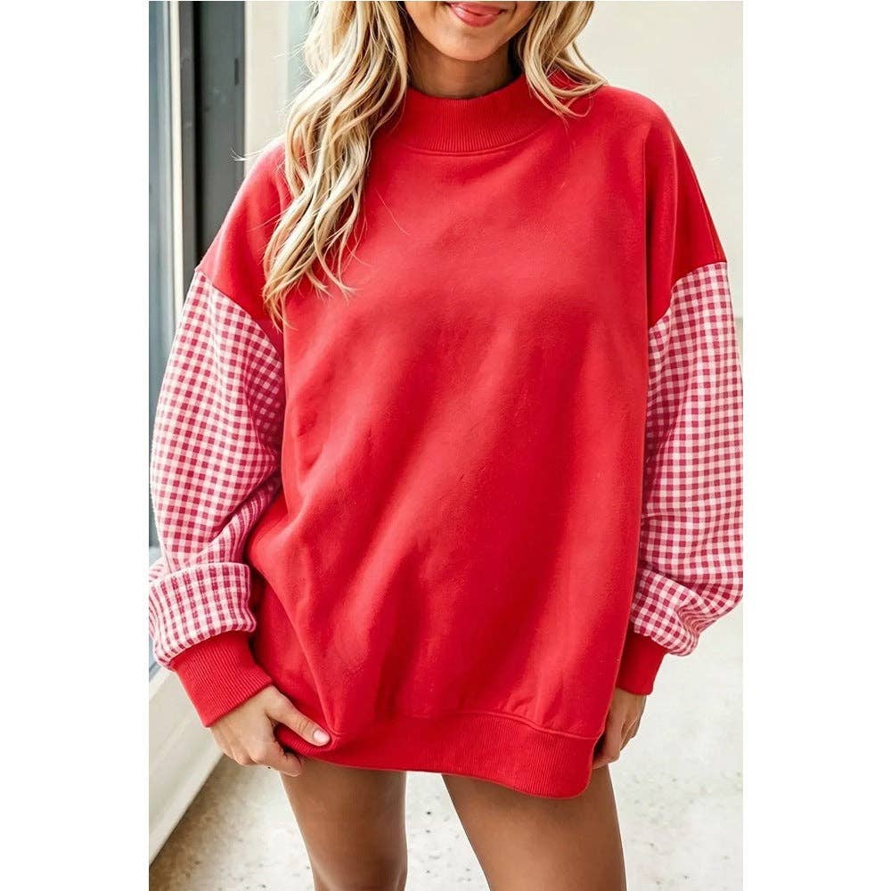 Plaid Sleeve Oversized Mock Neck Fleece Sweatshirt