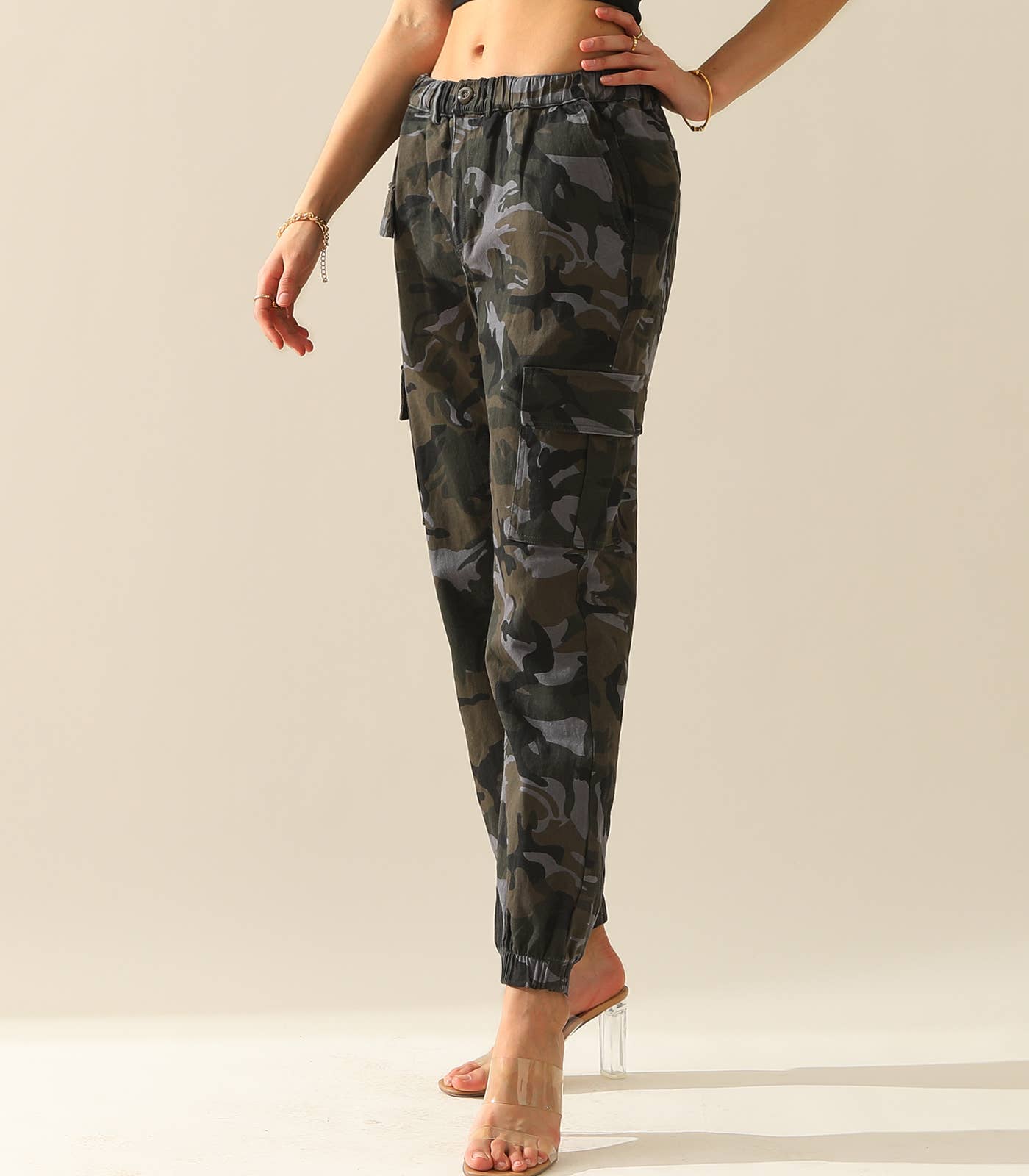 Elastic Waist Camo Cargo Pants Cotton Work Pants