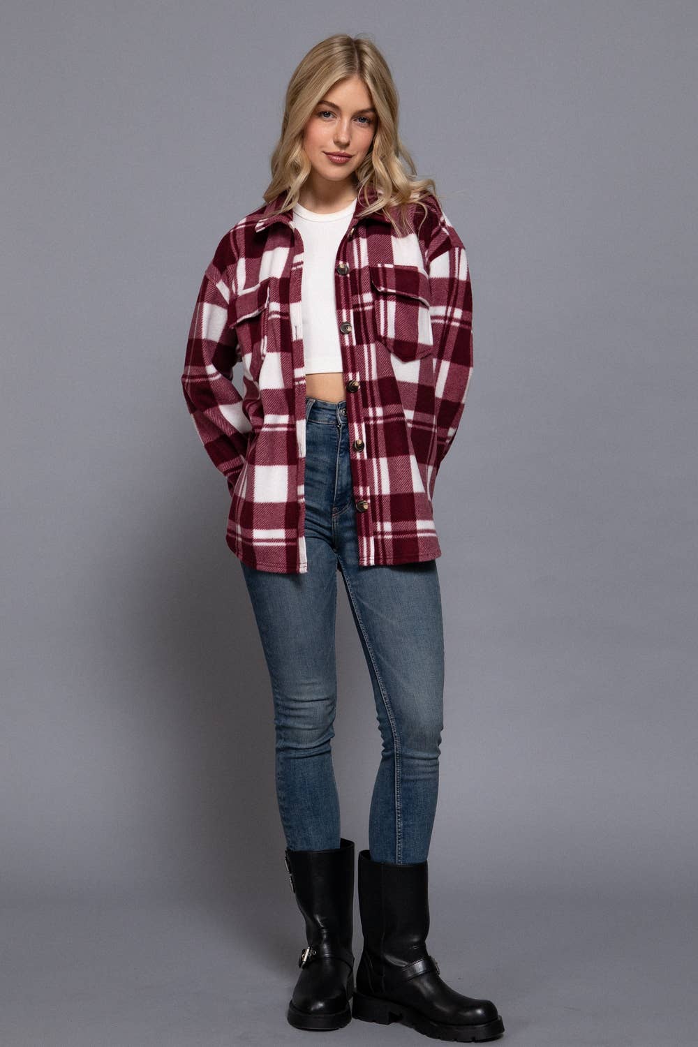 Long Sleeve Check Printed Fleece Shacket (light grey)