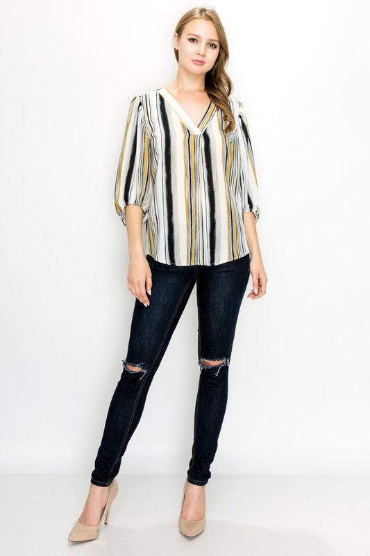 V-neck Colored Stripe Blouse with Puff Sleeves