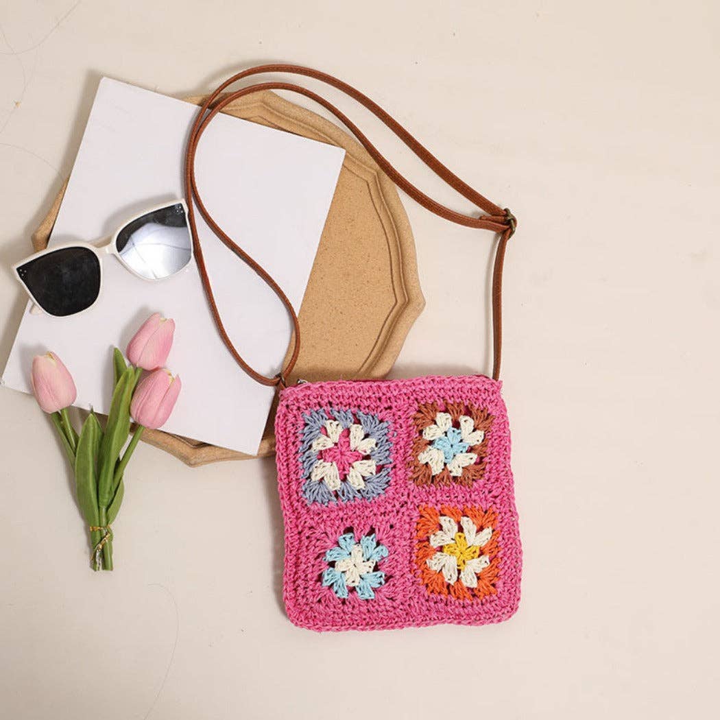 Vintage Square Crochet Flower Crossbody Bag