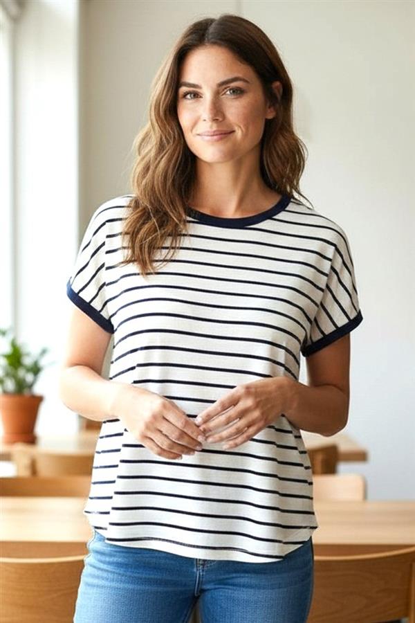 Wide Neck Short Sleeve Striped Jersey Top