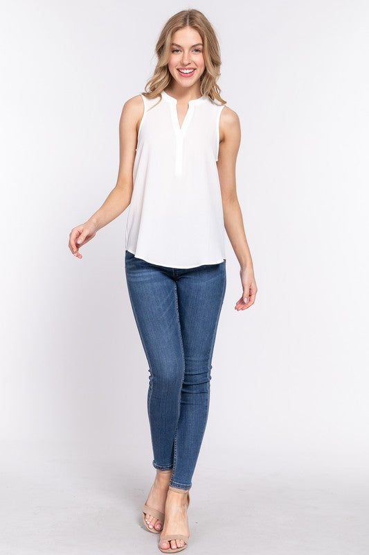 Sleeveless Henley Neck with Hidden Button Woven Top