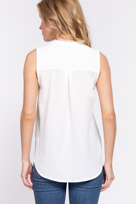 Sleeveless Henley Neck with Hidden Button Woven Top