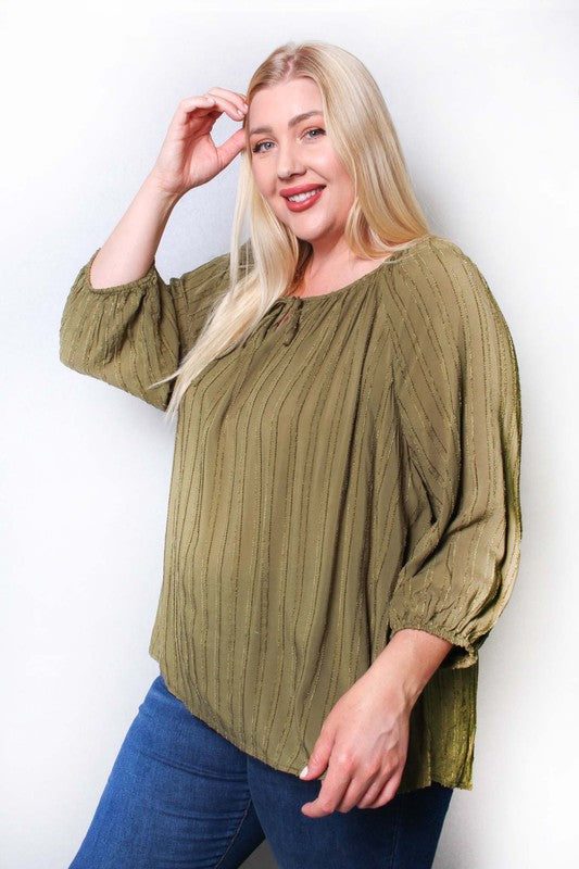 Women's Plus 3/4 Sleeve V Neck Ribbed Top