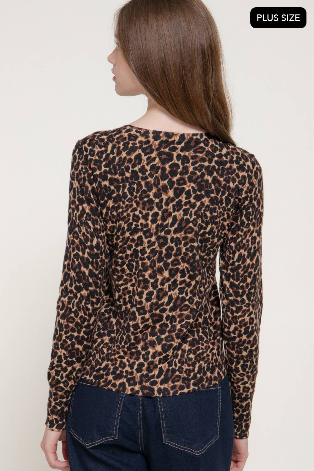 Long Sleeve Crew Neck Leopard Print Sweater (Plus Size)