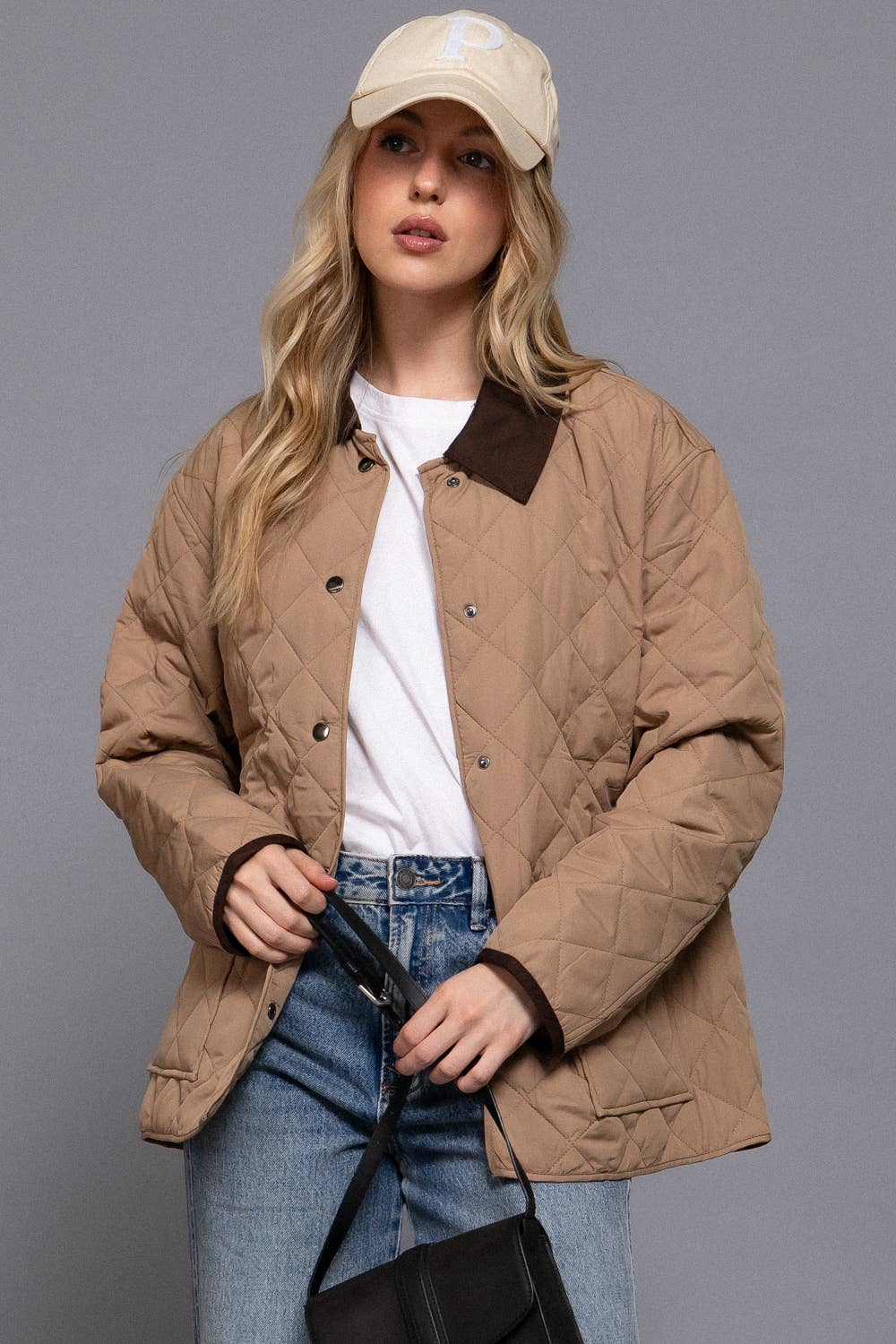 Long Sleeve Contrast Lapel Collar Quilted Puffer Work Jacket (pink)