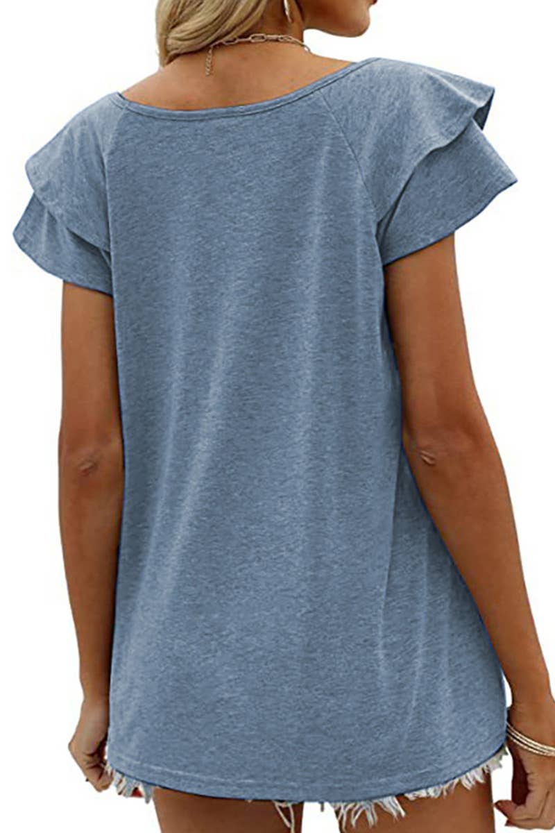 V-Neck Double Sleeve Loose Top (Blue Grey)