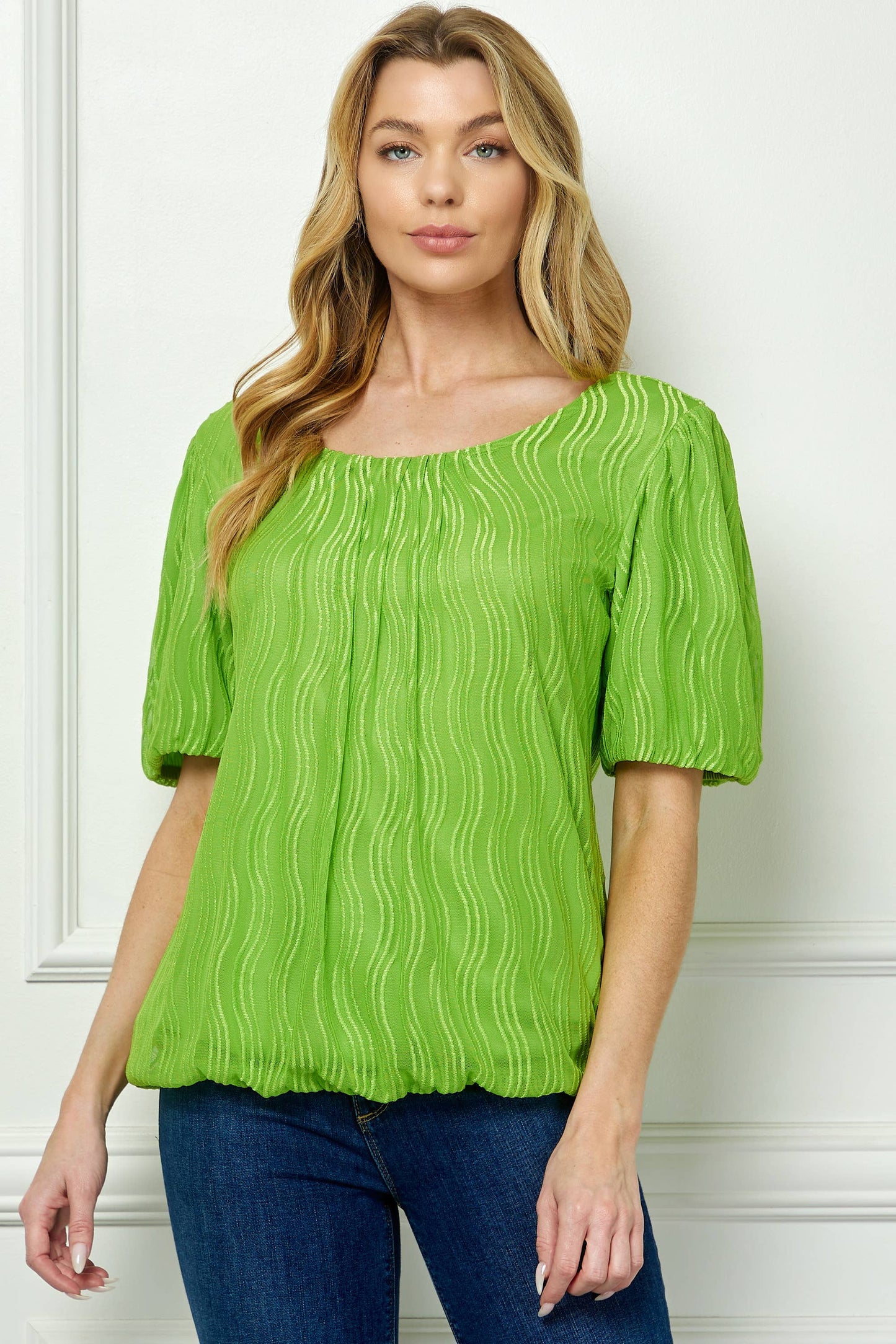 Wave Cord Mesh Bubble Sleeve Pleats Top