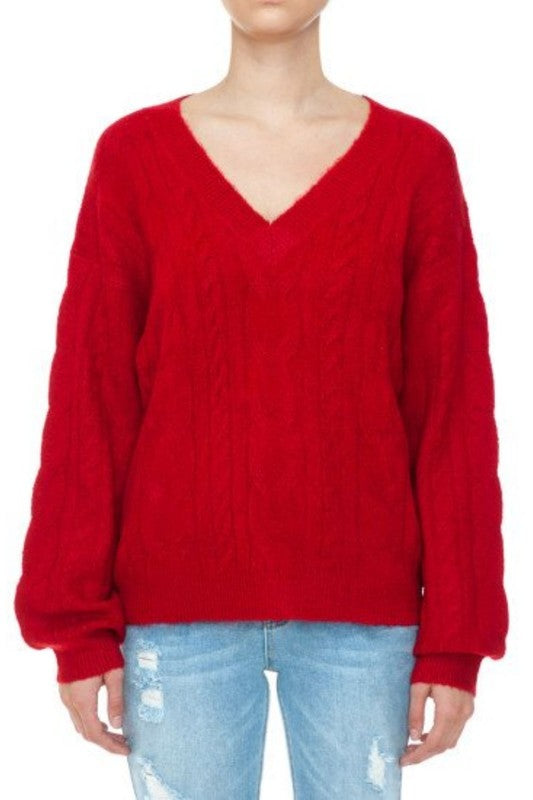 V Neck Cable Knit Sweater Top