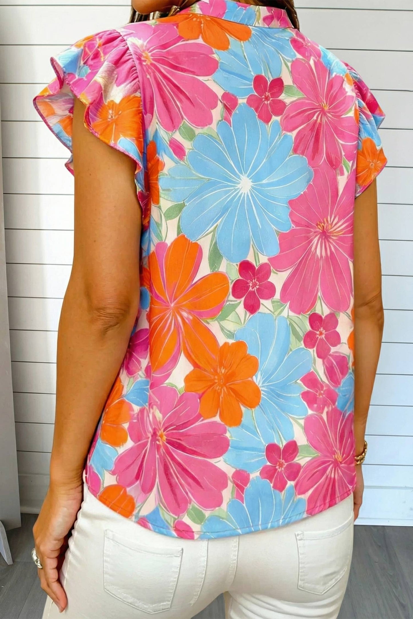 Floral Ruffle Trim V Neck Sleeveless Blouse