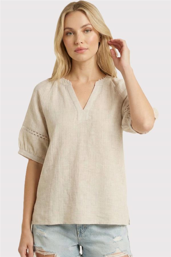 Ricrac trimmed V-neck Half Sleeve Linen Gauze Top
