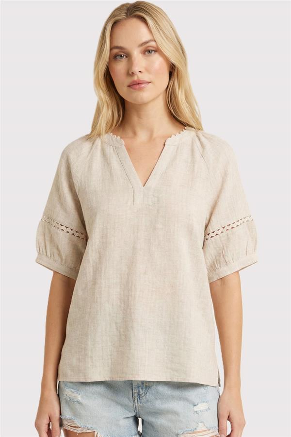 Ricrac trimmed V-neck Half Sleeve Linen Gauze Top