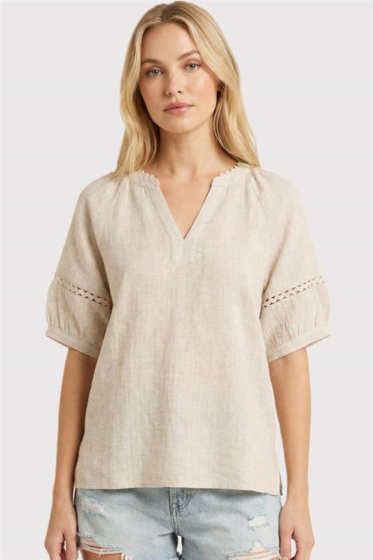 Ricrac trimmed V-neck Half Sleeve Linen Gauze Top