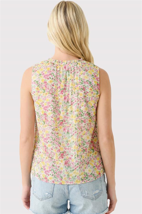 Frilled Elastic Neck Sleeveless Floral Top