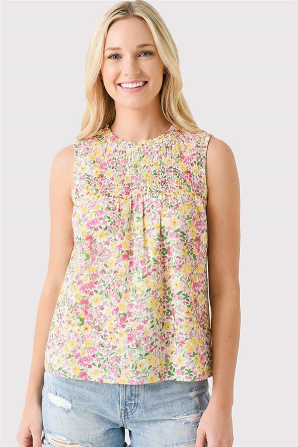 Frilled Elastic Neck Sleeveless Floral Top