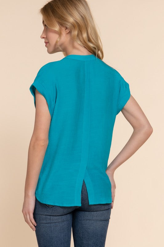 Dolman Sleeve Open Neck with Front Pocket Button Down Woven Top