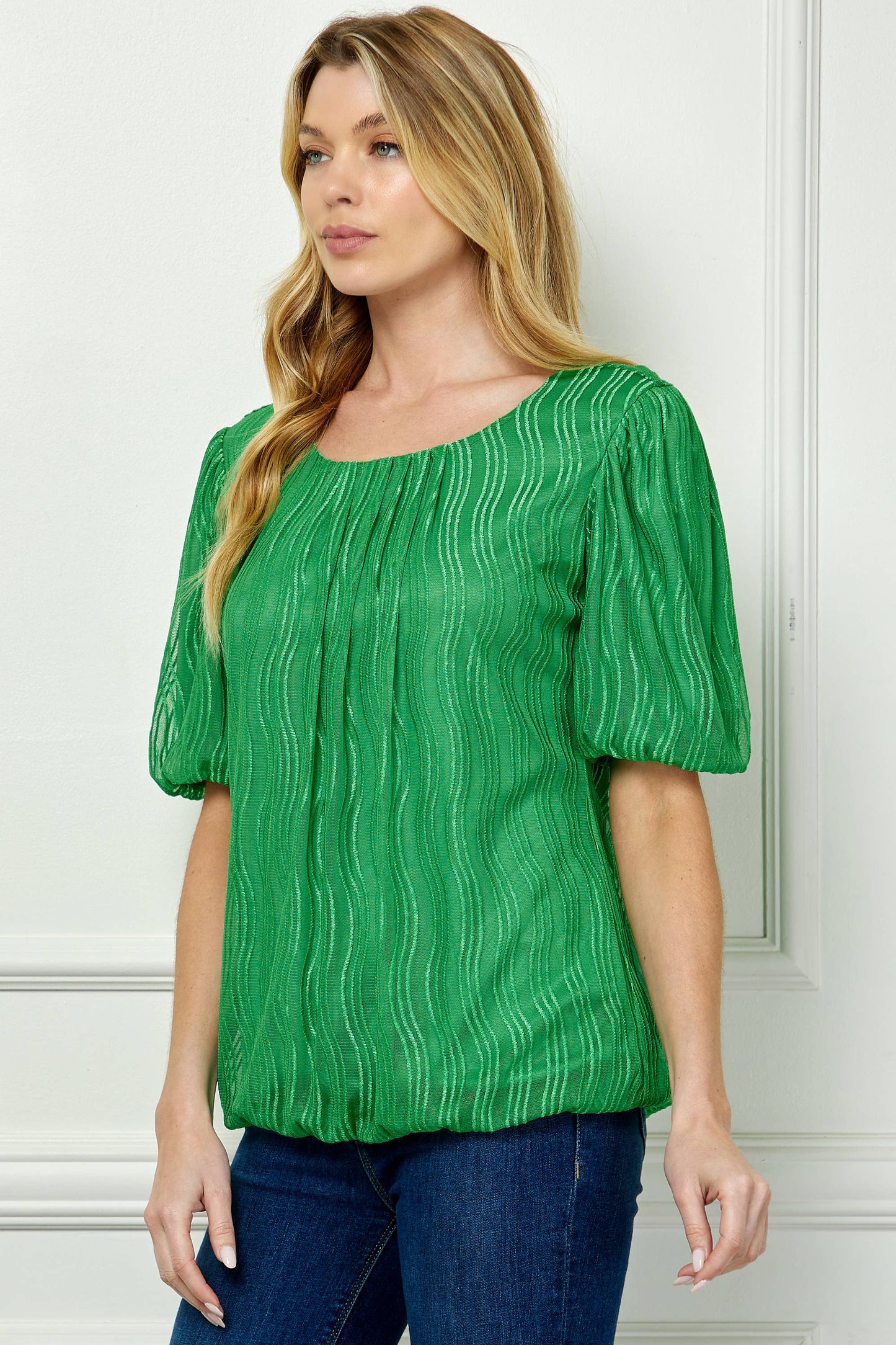 Wave Cord Mesh Bubble Sleeve Pleats Top