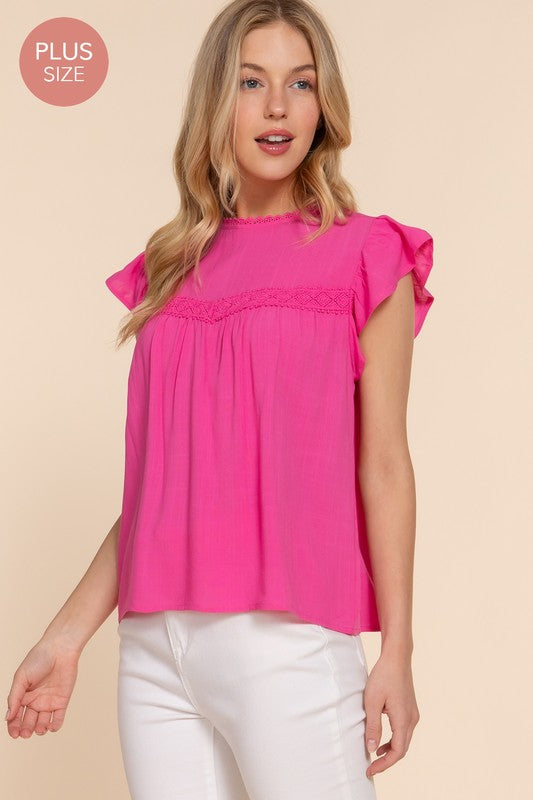 Short Ruffle Sleeve Round Neck with Lace Trim Woven Top