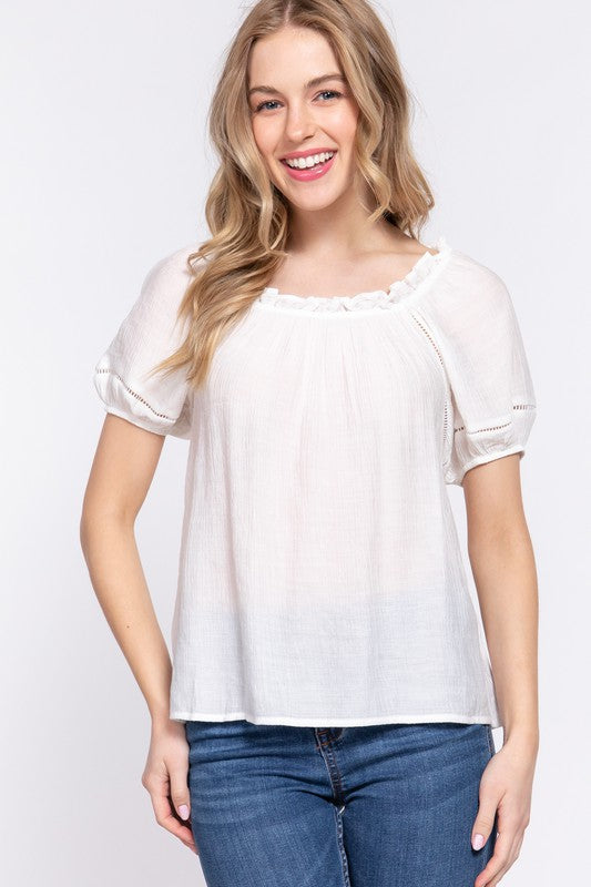 Puff Short Sleeve Round Neck Lace Detail Shirring Woven Top