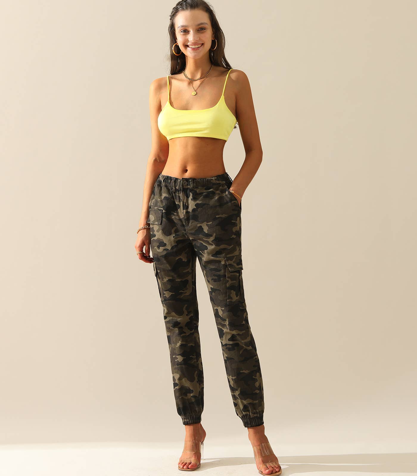 Elastic Waist Camo Cargo Pants Cotton Work Pants