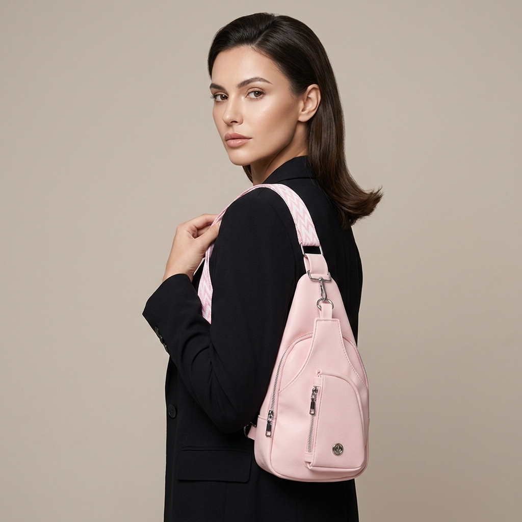 Rose Pink Leather Crossbody Bag Patterned Strap
