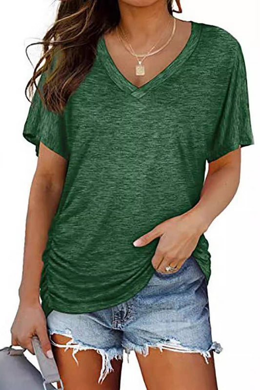 V-Neck Solid Color Casual Loose Top (Green)