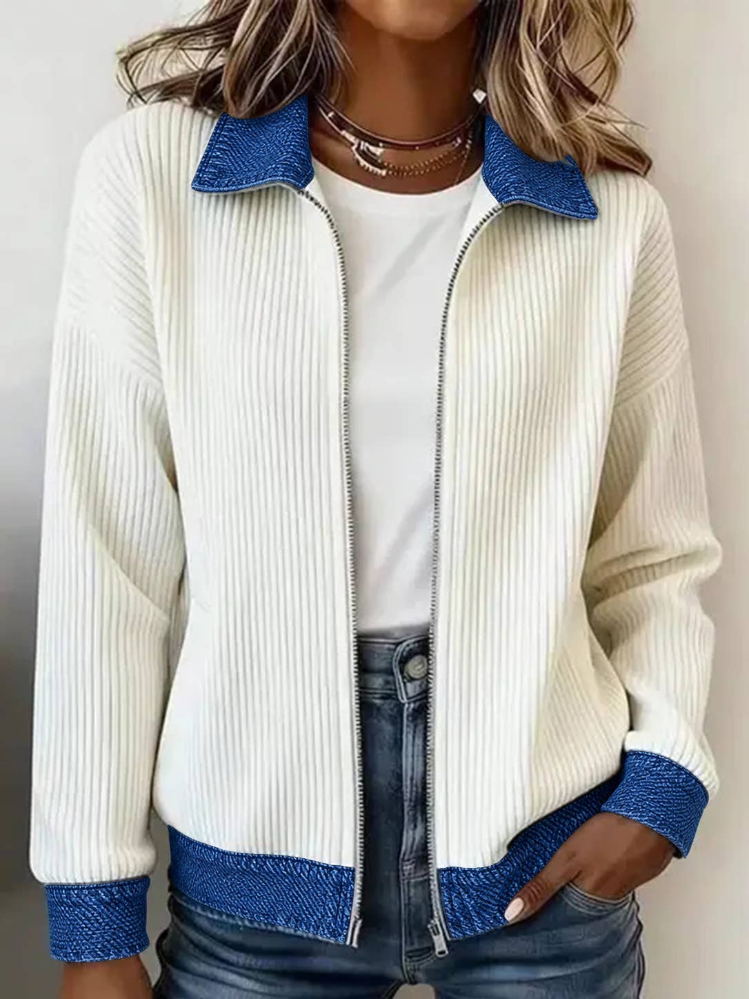 Women's Denim Patchwork Zip-Up Cardigan