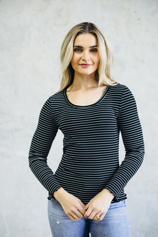 Long Sleeve Ribbed Tee (Black Stripe)