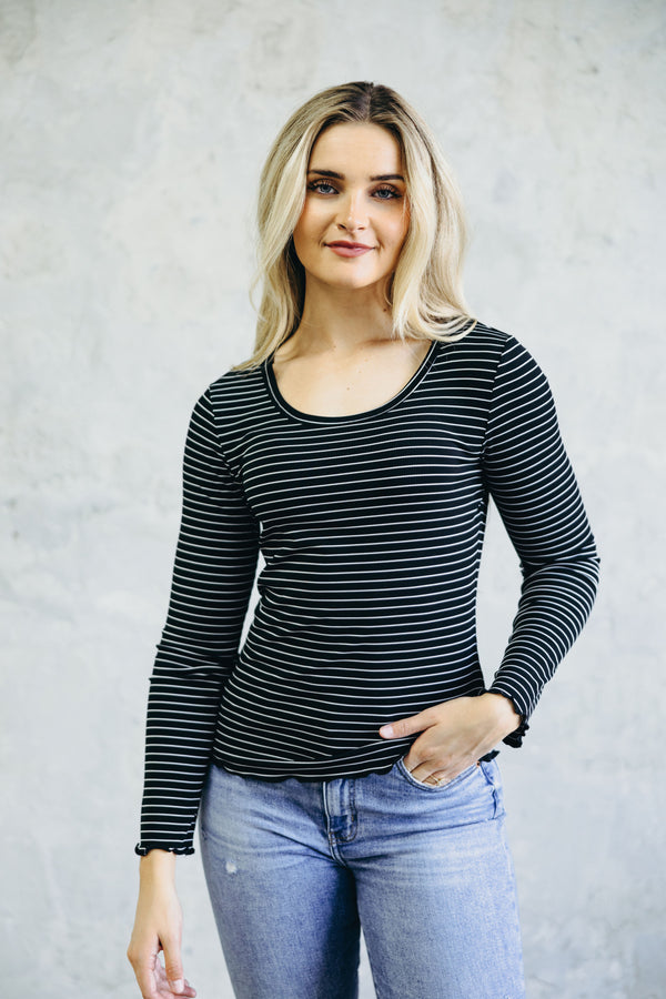 Long Sleeve Ribbed Tee (Black Stripe)