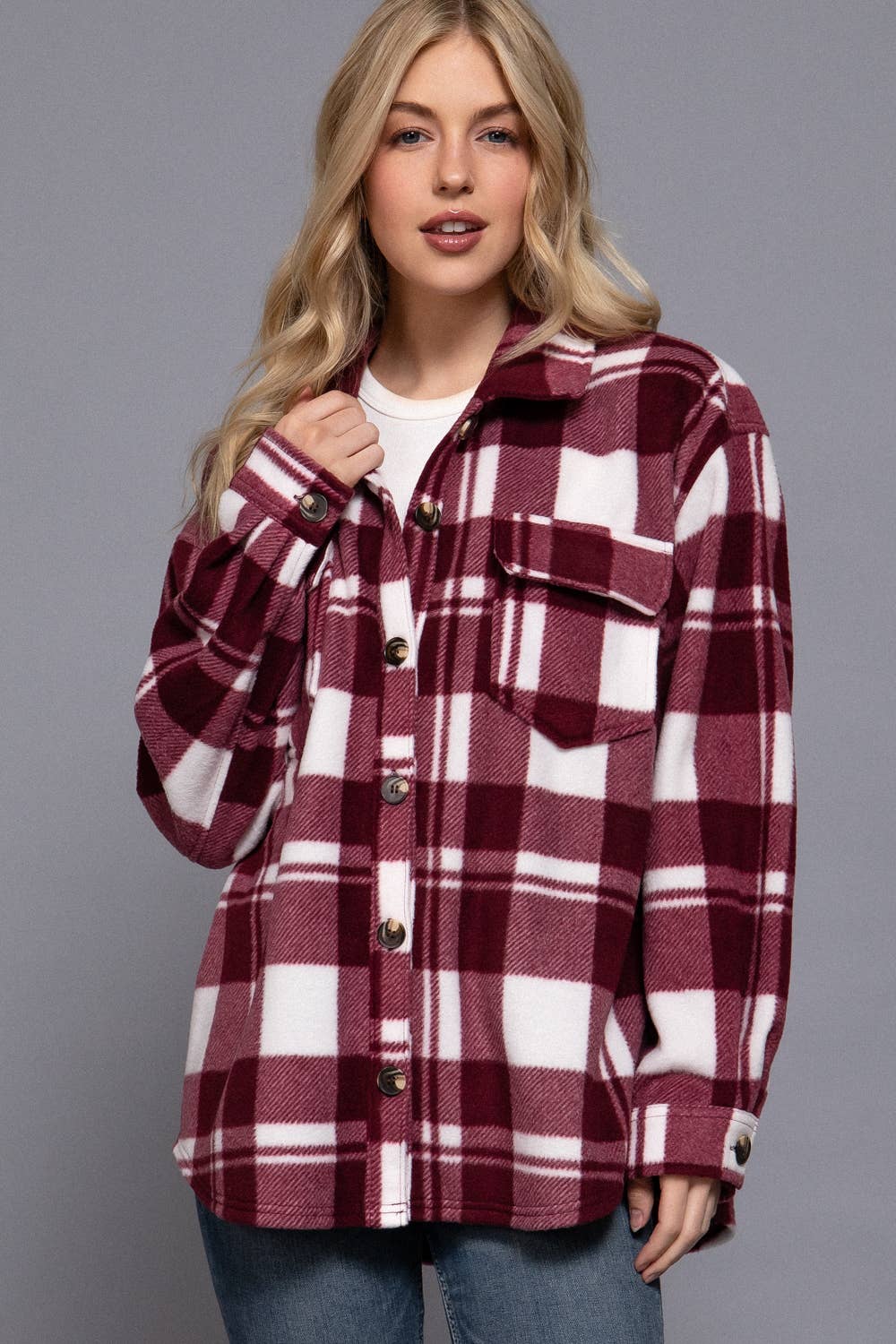 Long Sleeve Check Printed Fleece Shacket (light grey)