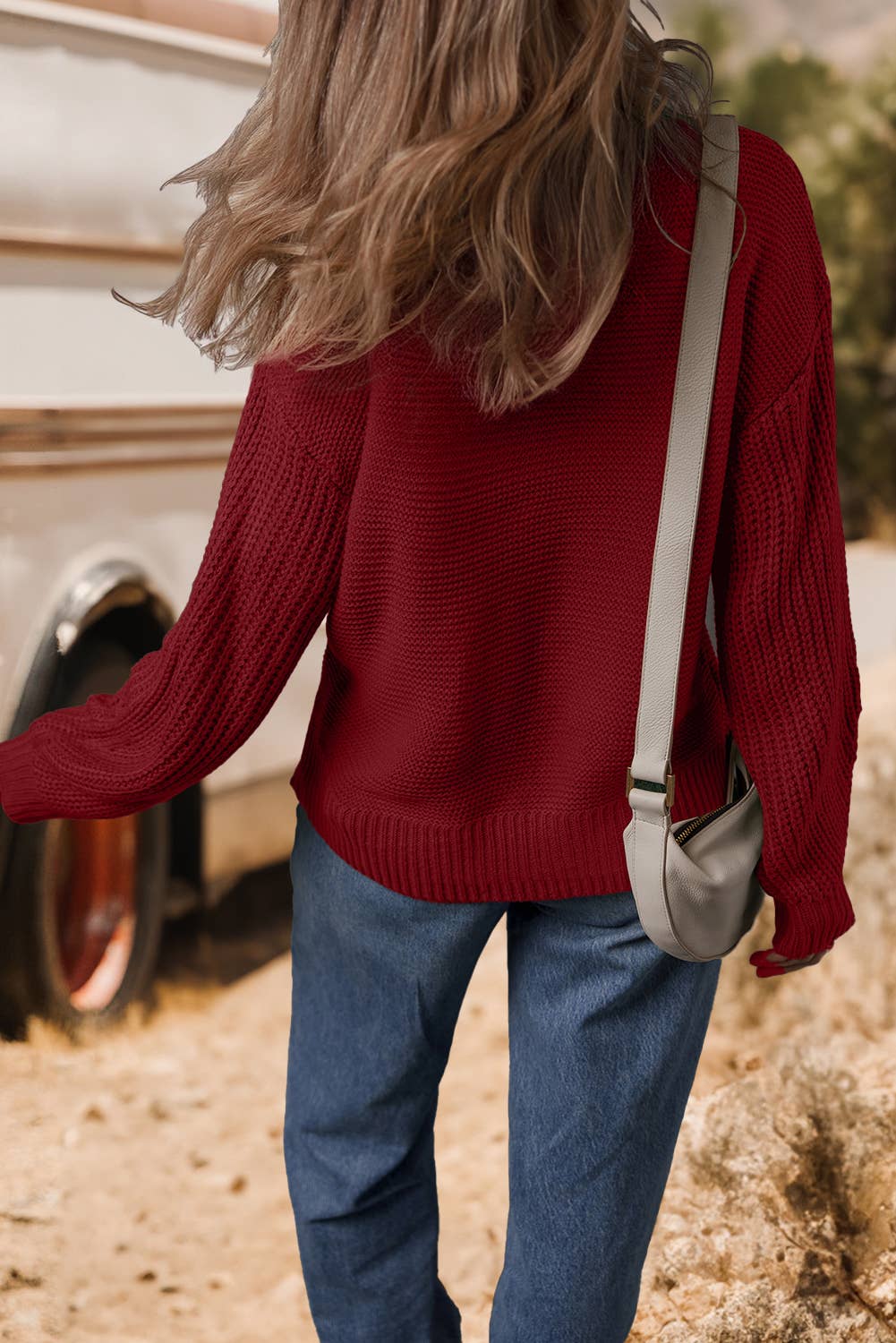 Mix Texture Knit Front Seam Detail Drop Shoulder Sweater