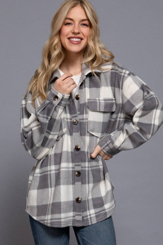Long Sleeve Check Printed Fleece Shacket (light grey)