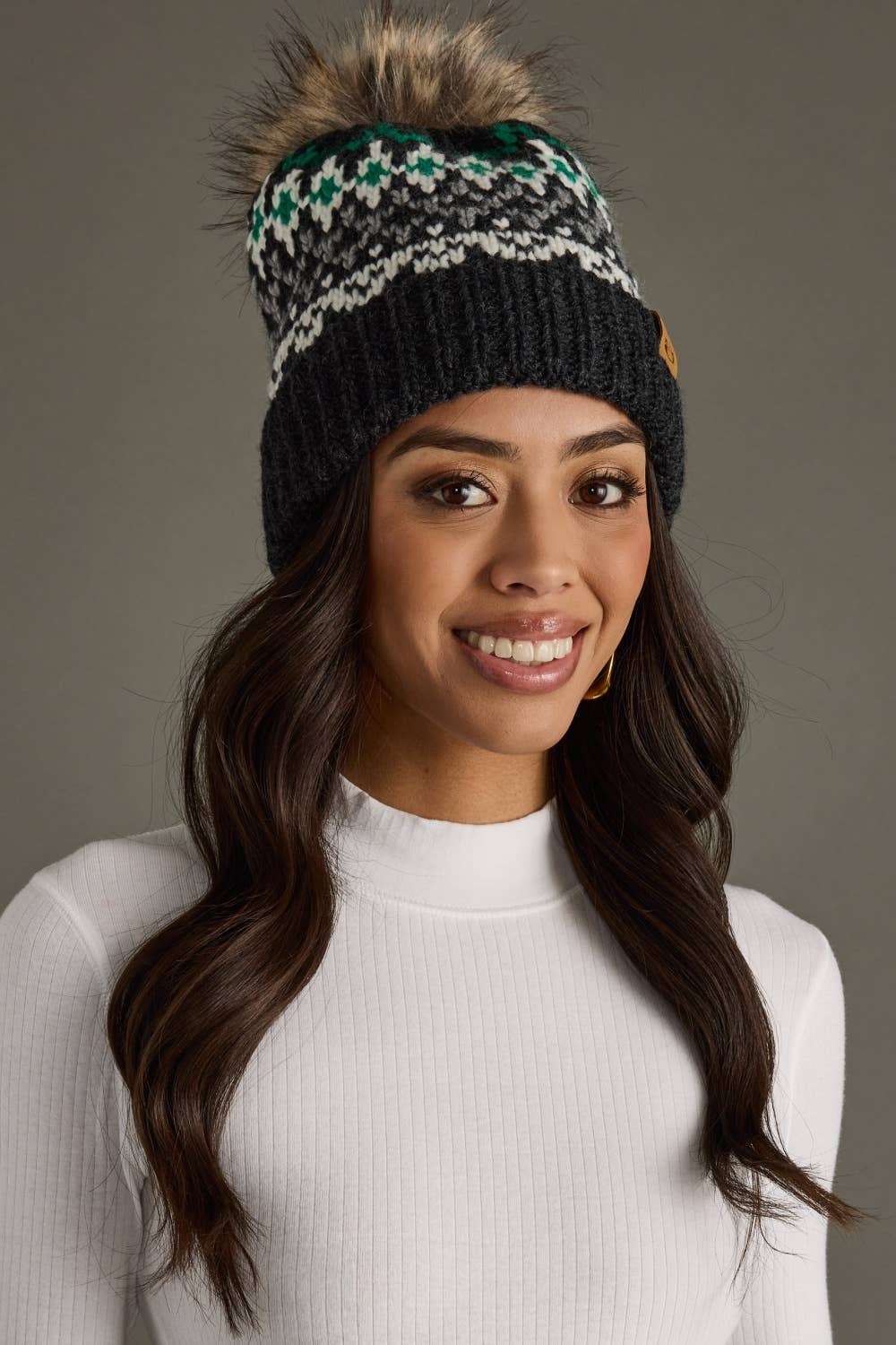 Dark Gray, White & Green Winter Pattern Pom Hat