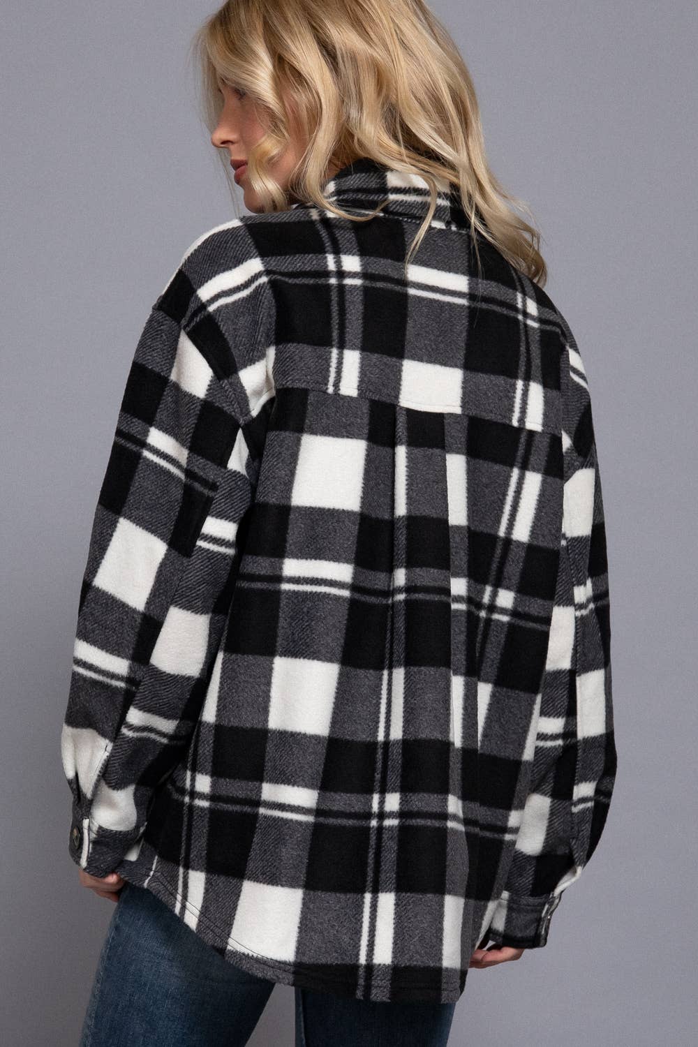Long Sleeve Check Printed Fleece Shacket (light grey)