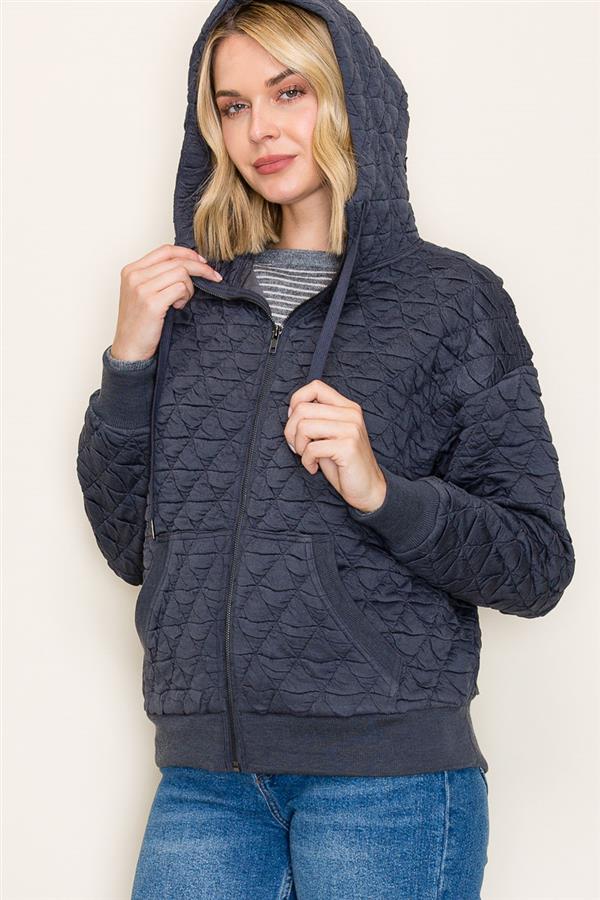 Quilted Knit Zip-Up Hoodie Jacket with Pockets